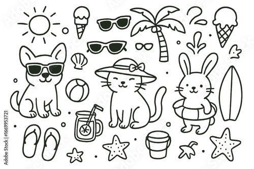 Summer Beach Pet Doodles. Hand-drawn doodle illustration Summer pets in beachwear dog with sunglasses, cat with sunhat, bunny with