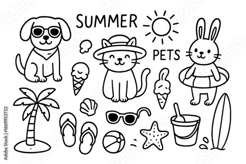 Summer Beach Pet Doodles. Hand-drawn doodle illustration Summer pets in beachwear dog with sunglasses, cat with sunhat, bunny with