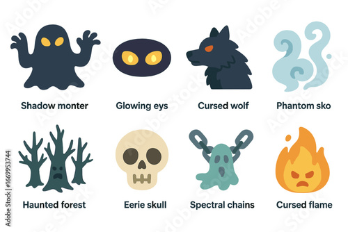 Supernatural Curses Icons. Flat vector mini-illustrations supernatural curses in colors children's illustrations: shadow monster,