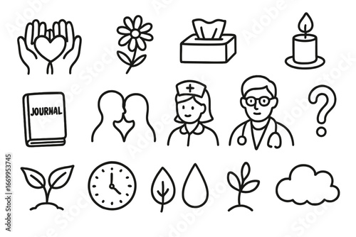Support and Care Symbols. Hand-drawn doodle illustration support and care hands holding, heart, flower, tissue box, candle,