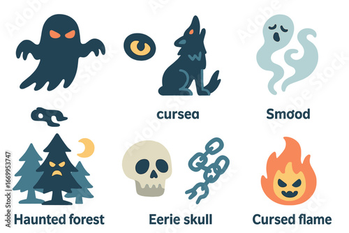 Supernatural Curses Icons. Flat vector mini-illustrations supernatural curses in colors children's illustrations: shadow monster,
