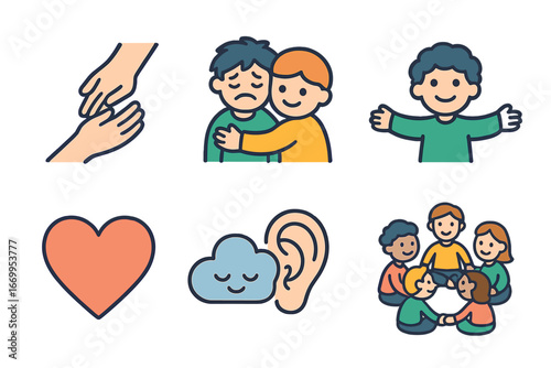 Supportive Icons for Kids. Flat vector mini-illustrations mental breakdown support in colors children's illustrations: helping