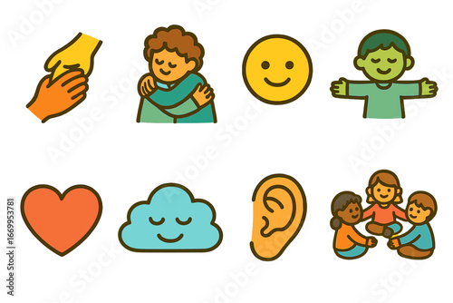 Supportive Icons for Kids. Flat vector mini-illustrations mental breakdown support in colors children's illustrations: helping
