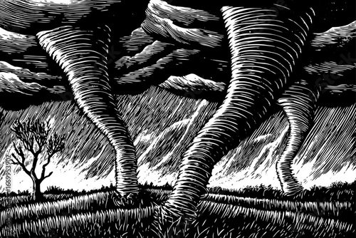 Multiple tornado funnels forming together during supercell storm, breathtaking weather power drawn in black and white sketch.