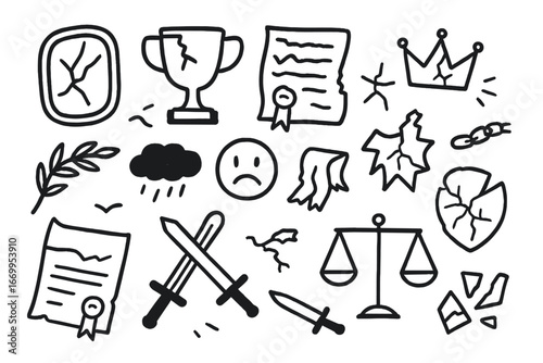Symbols of Dishonor. Hand-drawn doodle illustration dishonored reputation cracked mirror, broken trophy, torn certificate,