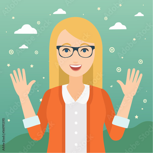 Blonde geek woman in glasses showing excitement