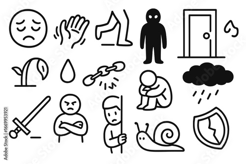 Symbols of Fear. Hand-drawn doodle illustration fear and avoidance closed eyes, trembling hand, running feet, shadow figure,