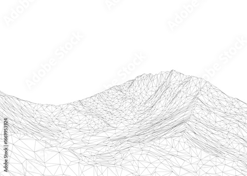 Intricate wireframe mountain terrain composed of geometric lines and shapes, forming a detailed black and white drawing on a clean white background.