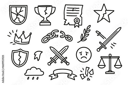 Symbols of Dishonor. Hand-drawn doodle illustration dishonored reputation cracked mirror, broken trophy, torn certificate,
