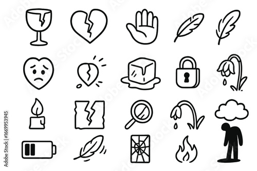 Symbols of Fragility and Uncertainty. Hand-drawn doodle illustration questioning question mark, thinking face, thought bubble,