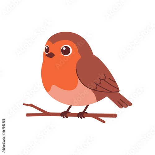 A charming cartoon illustration of a plump robin bird perched on a brown branch.