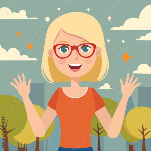Blonde geek woman in glasses showing excitement