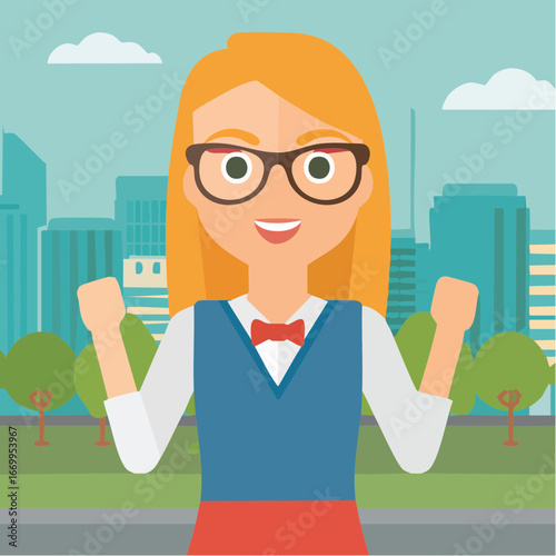 Blonde geek woman in glasses showing excitement