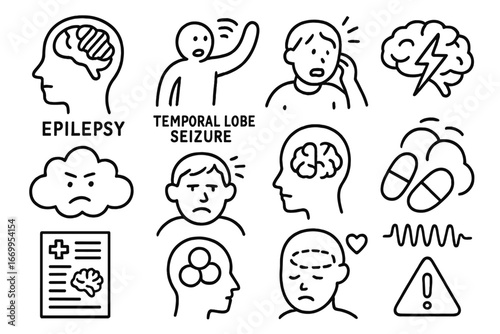 Temporal Lobe Disorders Icons. Hand-drawn doodle illustration temporal lobe disorders epilepsy icon, temporal lobe seizure,