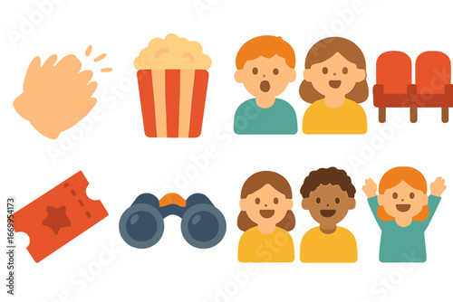 Theater Fun Icons. Flat vector mini-illustrations theater audience in colors children's illustrations: clapping hands, popcorn,