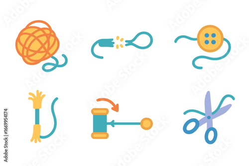 Thread Troubles Icons. Flat vector mini-illustrations thread troubleshooting in colors children's illustrations: tangled thread,