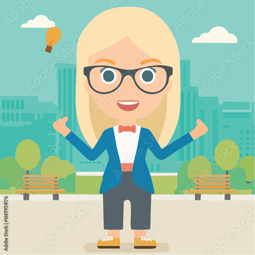 Blonde geek woman in glasses showing excitement