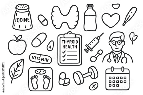 Thyroid Health Doodles. Hand-drawn doodle illustration thyroid health iodine salt shaker, thyroid gland, water bottle, apple, pill