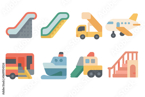 Transport Stairs Icons. Flat vector mini-illustrations stairs in transport and travel in colors children's illustrations: