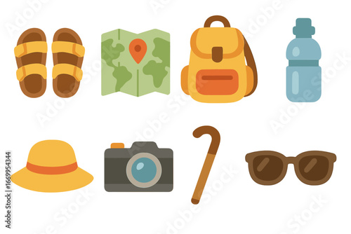 Travel Essentials for Kids. Flat vector mini-illustrations travel sandals in colors children's illustrations: sandals, map,