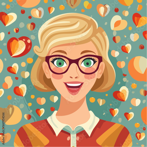 Excited pretty blond woman wearing geek retro glasses
