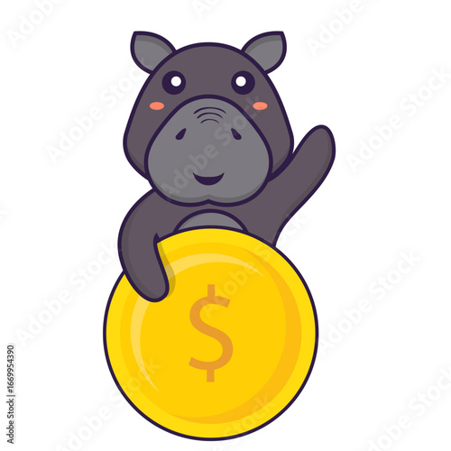 Adorable hippo mascot waving happily while holding a shiny golden dollar coin. Illustration concept for finance, banking, and wealth