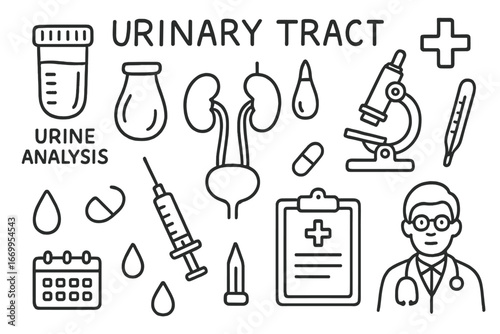 Urinary System Doodle. Hand-drawn doodle illustration urinary tract urine analysis test tube, urine drop, microscope, kidneys,