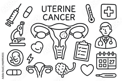 Uterine Cancer Doodle. Hand-drawn doodle illustration uterus uterine cancer uterus, tumor, syringe, pill, microscope, clipboard,