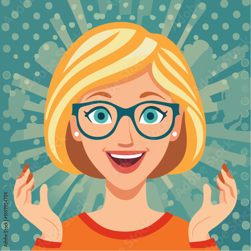 Excited pretty blond woman wearing geek retro glasses