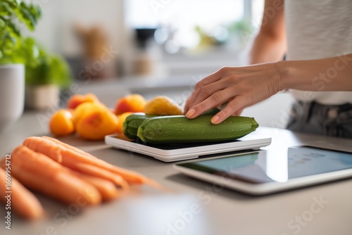 Fototapeta Naklejka Na Ścianę i Meble -  Fresh zucchini being weighed on digital kitchen scale with female hands, healthy cooking and diet concept with vegetables and fruits in modern bright kitchen