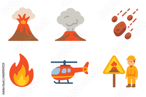 Volcanic Rescue Icons. Flat vector mini-illustrations volcanic disaster in colors children's illustrations: erupting volcano, lava