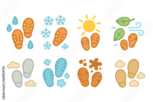 Weather Shoeprints Grid. Flat vector mini-illustrations shoeprint weather in colors children's illustrations: rainy shoeprints,