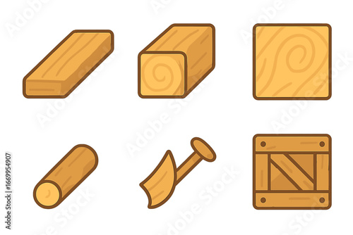 Wooden Construction Icons. Flat vector mini-illustrations wooden construction materials in colors children's illustrations: wooden