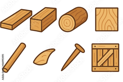 Wooden Construction Icons. Flat vector mini-illustrations wooden construction materials in colors children's illustrations: wooden