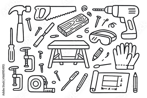 Woodworking Tools Illustration. Hand-drawn doodle illustration handmade woodworking hammer, saw, chisel, wood plank, nails,