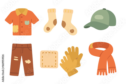 Worn Clothes Icons. Flat vector mini-illustrations worn clothes in colors children's illustrations: patched shirt, holey socks,