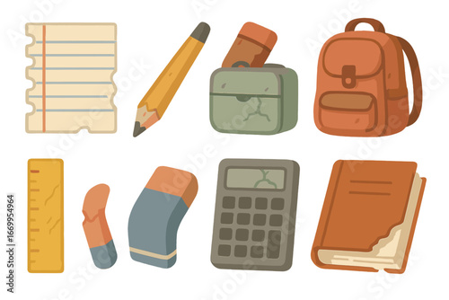 Worn School Supplies Icons. Flat vector mini-illustrations worn school supplies in colors children's illustrations: torn notebook,