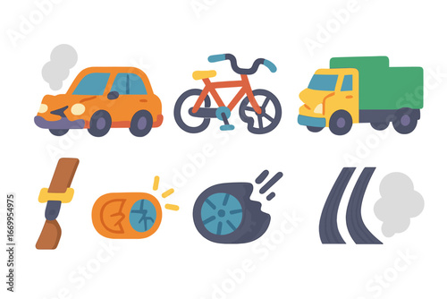 Wrecked Vehicles Icons. Flat vector mini-illustrations wrecked vehicle in colors children's illustrations: damaged car, bent bike,