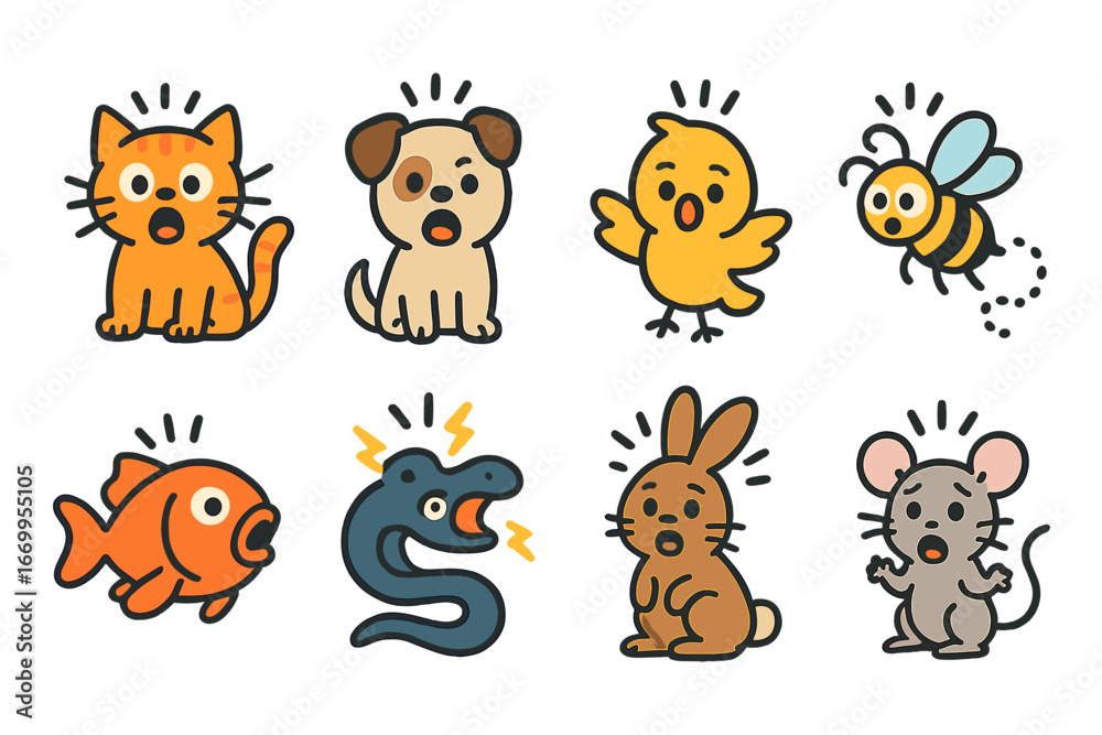 Obraz premium Animal Shock Reactions. Flat vector mini-illustrations shock reactions in animals in colors children's illustrations: startled cat