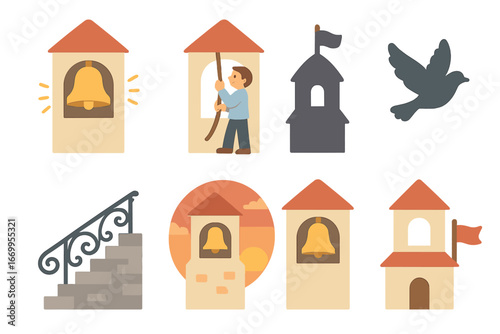 Bell Tower Icons. Flat vector mini-illustrations bell tower scenes in colors children's illustrations: ringing bell, bell ringer,