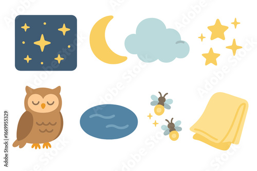 Bedtime Story Icons. Flat vector mini-illustrations bedtime story nighttime objects in colors children's illustrations: starry sky