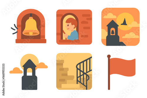 Bell Tower Icons. Flat vector mini-illustrations bell tower scenes in colors children's illustrations: ringing bell, bell ringer,