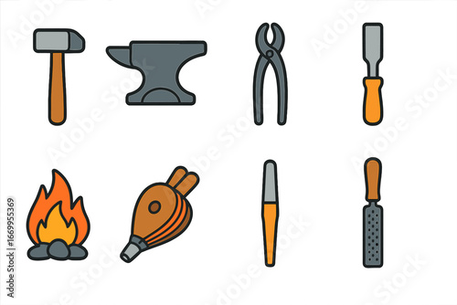 Blacksmith Tools Icons. Flat vector mini-illustrations blacksmith tools in colors children's illustrations: hammer, anvil, tongs,