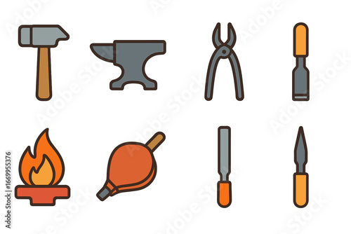 Blacksmith Tools Icons. Flat vector mini-illustrations blacksmith tools in colors children's illustrations: hammer, anvil, tongs,