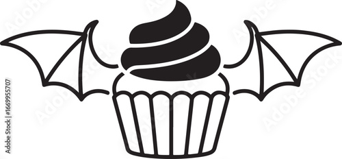 Black and white line art of a cupcake with bat wings, perfect for Halloween celebrations and spooky treats