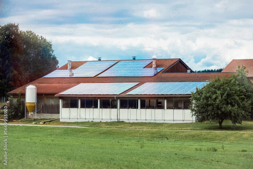 Obraz premium Modern Cow Barn or Cowshed Farm with Solar Panels on Roof. Solar Panel Station on Cowshed. Eco Smart Farming.