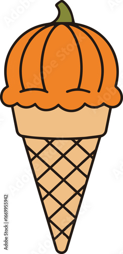Pumpkin Ice Cream Cone Delight: A whimsical illustration showcases an orange ice cream cone topped with a pumpkin scoop, celebrating the festive flavors of autumn.