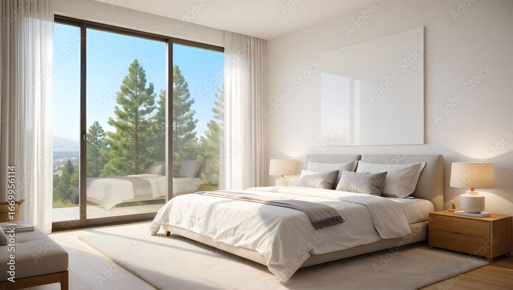 Fototapeta premium Modern Minimalist Bedroom Suite with Panoramic Forest View, Sunlit and Serene.