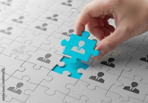A light-gray jigsaw puzzle with matching light-gray and light-blue pieces, showing a hand inserting a light-blue piece depicting a businessperson icon into the puzzle.