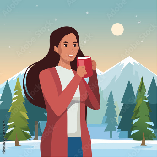 Woman drinking from the winter mug outdoors